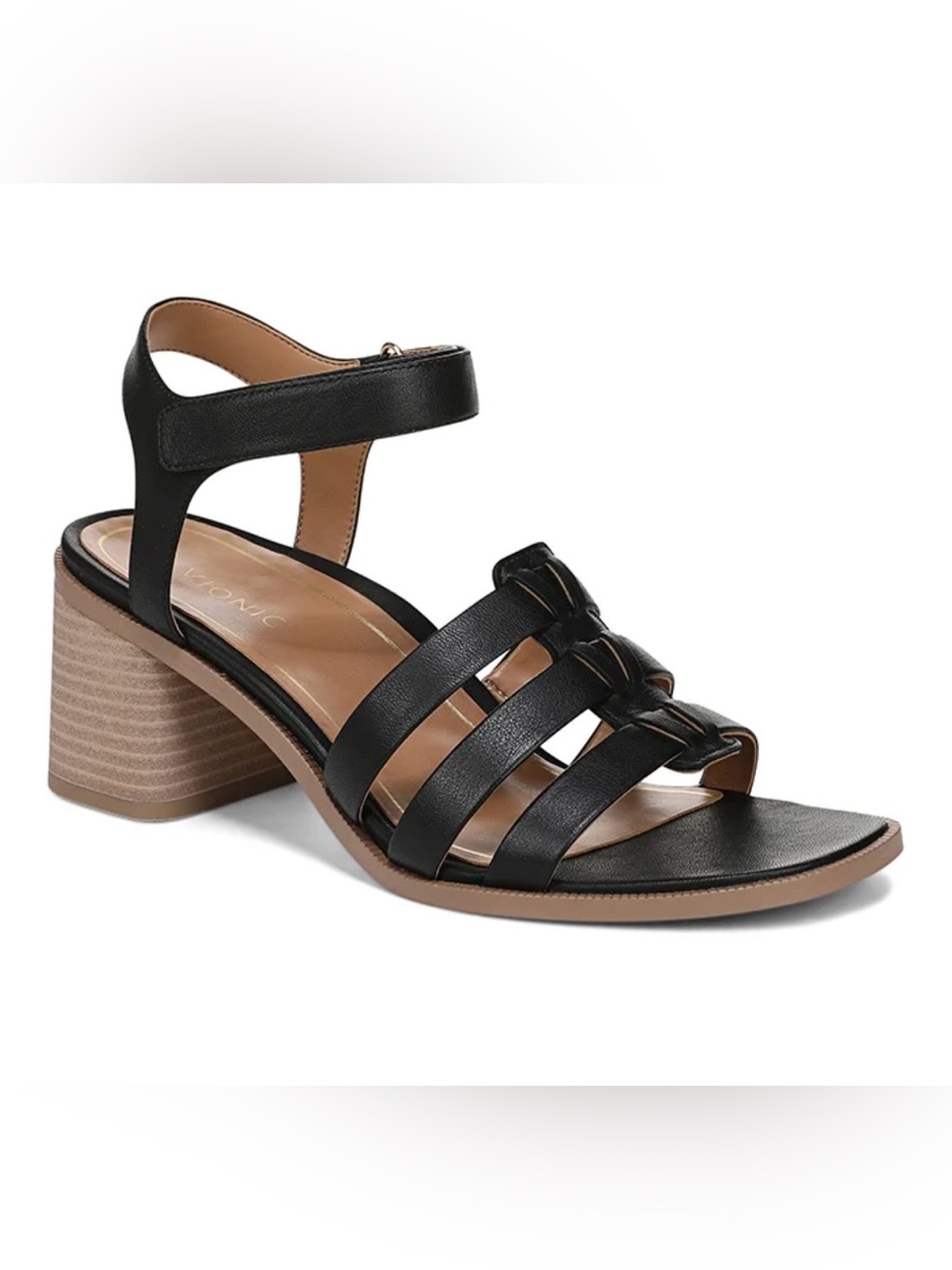 Vionic Black Maisy ankle Strap Leather Sandals Tan Stacked Block Heels 10
